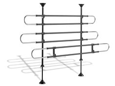 a large metal rack with four poles and two lamps on it's sides, in front of a white background