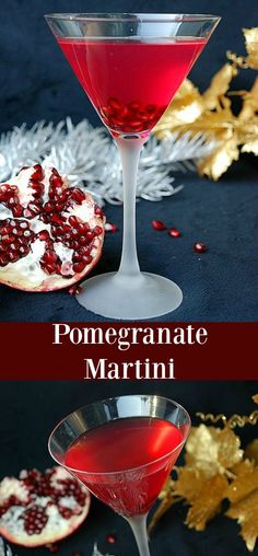 pomegranate martini in a coupe glass garnished with pomegranate