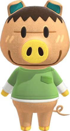 a cartoon pig with a green shirt and white pants, standing in front of a white background