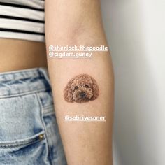 a small dog tattoo on the left inner arm and shoulder, with an image of a poodle