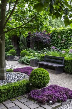 a bench in the middle of a garden surrounded by trees and bushes with purple flowers