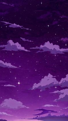 the sky is filled with purple clouds and stars at night, as well as an airplane flying in the distance