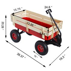 a red and white wagon is shown with measurements