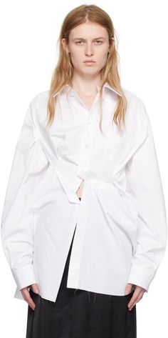 Cotton poplin shirt. Gathering and raw edge throughout. · Spread collar · Offset button closure · Patch pocket · Asymmetric shirttail hem · Vented side seams · Dropped shoulders · Single-button barrel cuffs · White stitching at back collar · Twin pleats at back yoke · Mother-of-pearl hardware Supplier color: White Margiela Kisses Shirt, Button Down Fashion, Cotton Poplin Shirt, White Button Down, Poplin Shirt, Raw Edge, Cotton Poplin, White Shirt, Patch Pocket