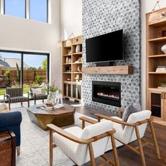 a living room filled with furniture and a flat screen tv mounted on the wall above a fire place