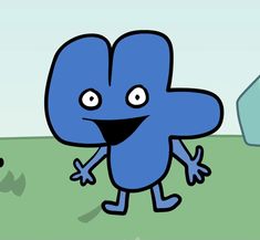 a blue cartoon character standing in front of a green and white object with one foot on the ground