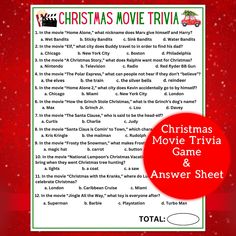 the christmas movie trivia game and answer sheet for kids to play on their own television