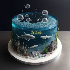 a birthday cake decorated with an ocean scene and fish on the bottom is surrounded by bubbles