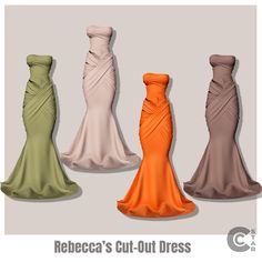 three dresses are shown in different colors and sizes, one is orange, the other is green