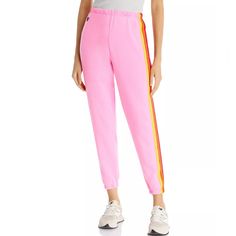 Color: Neon Pink/Neon Rainbow New With Tags Spring Joggers With Side Stripes For Jogging, Sporty Multicolor Bottoms With Relaxed Fit, Sporty Multicolor Relaxed Fit Bottoms, Pink Cotton Jogging Pants, Spring Sweatpants With Side Stripes For Jogging, Pink Sweatpants For Spring Jogging, Pink Stretch Joggers, Pink Spring Joggers For Jogging, Multicolor Relaxed Fit Athleisure Bottoms