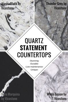 four different types of marble with the words quartz statement counters