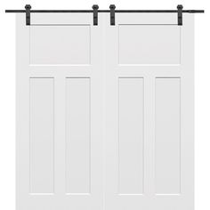 an open white door with black hardware on the top and bottom bars, against a white background