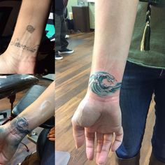 three different pictures of people with tattoos on their arms and wrist, one is holding the other's hand