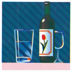 a bottle of wine with a glass next to it on a blue and pink background