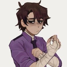 a man in purple shirt and tie holding an arm with bandages on his hands