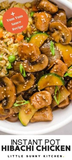 the video shows how to make instant pot hibiach chicken with mushrooms and rice