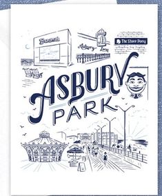 a greeting card with the words asbury park in black and white ink on a blue background