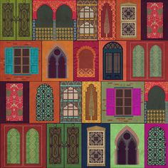 an image of many doors and windows in different colors on a black background with red, orange, green, blue, pink