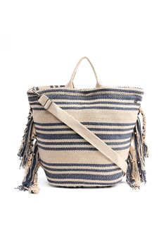 Indigo Striped Fringed Tote Convertible Backpack - Mixcart USA Vacation Tote Shoulder Bag With Adjustable Handle, Double Handle Bucket Bag With Adjustable Strap For Travel, Travel Bucket Bag With Adjustable Strap And Double Handle, Backpack Style Shoulder Bag For Shopping, Travel Bucket Beach Bag With Detachable Handle, Shoulder Beach Bag With Detachable Handle, Travel Bucket Bag With Detachable Handle And Backpack Shape, Canvas Hobo Bag With Detachable Handle Satchel, Canvas Satchel Hobo Bag With Detachable Handle