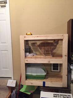 a cat in a cage on top of a shelf