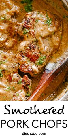 a pan filled with pork chops covered in gravy