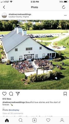 two screenshots showing the wedding ceremony in front of a white barn with people standing outside