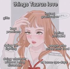 a girl with long red hair has her hand on her head and the words things taurus love written above it