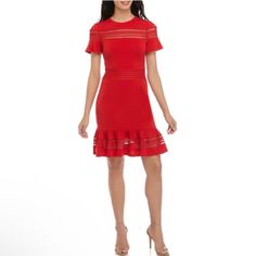 Michael Michael Kors Women's Mesh Combo Flounce Hem Dress Red Size Small Designed With Mesh Accents, This A-Line Dress By Michael Michael Kors Features A Flounce Hemline And Flutter Sleeves For Feminine Appeal. Product Details Invisible Zip Closure Crew Neck Short Flutter Sleeves Unlined Imported Na Red Mini Dress Fit And Flare Knee-length, Red Fit And Flare Mini Dress Knee-length, Red Fit And Flare Knee-length Midi Dress, Gold Embellished Dress, White Print Dress, Flounce Hem Dress, Studded Dress, Black Tank Dress, Women Long Sleeve Dress