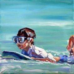 a painting of a man laying on top of a surfboard in the ocean while wearing goggles