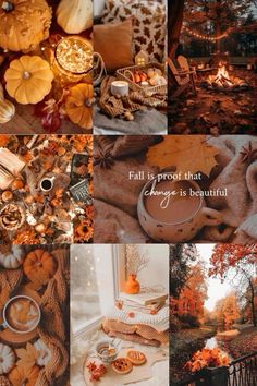 a collage of photos with pumpkins, leaves and candles