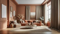 a living room with orange walls and furniture