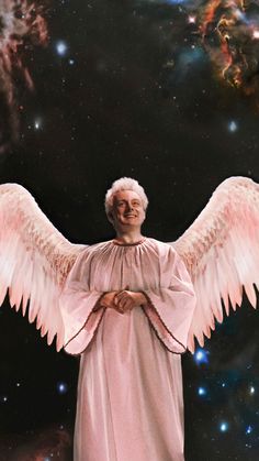 an angel standing in the middle of space with his arms folded out and eyes closed