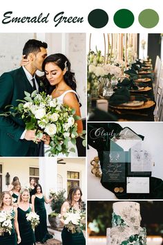 a collage of photos with green and white wedding colors in the same color scheme