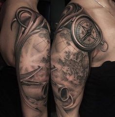 a woman's arm with a compass and globe tattoo on it, both sleeve tattoos