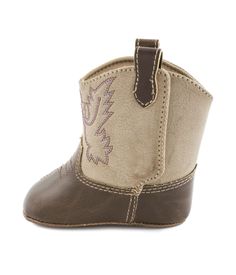 Soft sole 2 tone brown western boot for little feet with tan stitching and side opening for easy on and off. Shaft measures approximately 3.5" from arch.Material: Polyurethane Brown Western Boots, Bootie Sandals, Sneaker Slippers, Straw Bags, Western Boot, Baby Deer, Baby Boy Shoes, Boots And Sneakers