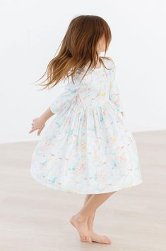 Pastel Floral Bunnies 3/4 Sleeve Pocket Twirl Dress - Mila & Rose ® Playful Spring Twirl Dress For Playdate, Spring Floral Print Twirl Dress For Playtime, Playful Floral Print Twirl Dress For Spring, Spring Long Sleeve Twirl Dress For Playdate, Cute Spring Twirl Dress With Stretch, Cute Spring Stretch Twirl Dress, Cute Stretch Twirl Dress For Spring, Long Sleeve Twirl Dress For Summer Playtime, Spring Cotton Stretch Twirl Dress