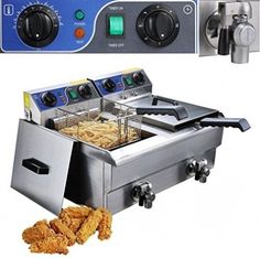 a deep fryer with some fried food in front of it and an appliance next to it