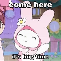 a cartoon character holding an umbrella with the caption, come here it's hug time