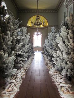 the hallway is lined with snow - covered trees and rocks in front of a chandelier