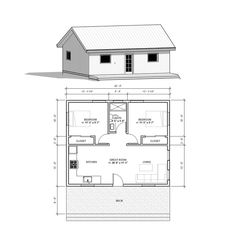 the floor plan for a small cabin with two bedroom and an attached living area,