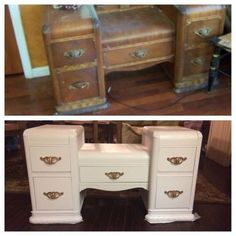 an old desk has been painted white and gold