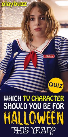 a woman in striped shirt and red bow tie standing next to a sign that says quiz which character should you be for halloween this year?