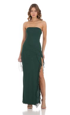 Mesh Ruffle Slit Dress in Green | LUCY IN THE SKY Green Wedding Guest Dresses, Prom Dress Inspo, Long Green Dress, Dark Green Dress, Lucy In The Sky, Prom Dress Inspiration, Cute Prom Dresses, Green Prom Dress, Hoco Dresses