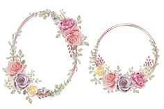 two floral wreaths with leaves and flowers on them, one is pink and the other is yellow