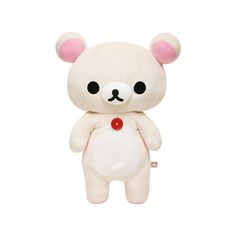 a white teddy bear with black eyes and pink ears on it's head, standing upright