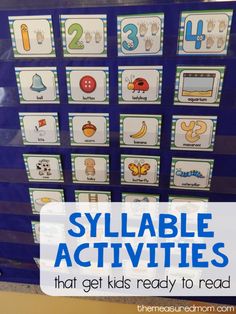 a blue and white poster with the words sylabe activities that get kids ready to read