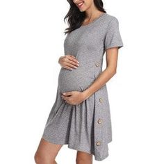 New Maternity Short Sleeve Dress with Button on the Side Maternity Shirts, Casual Sundress, Casual Night Out, Maternity Shorts, Solid Color Dress, Maternity Dress, Solid Dress, Dress Size Chart, Look Chic