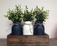 two mason jars with greenery in them on a wooden shelf next to a wall