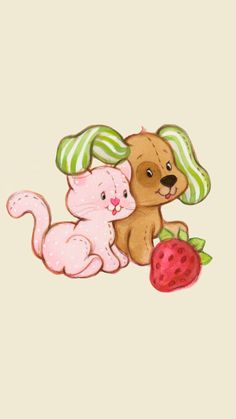 a drawing of a cat and a dog sitting next to each other with a strawberry on the ground