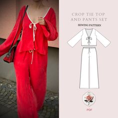 the top and pants set sewing pattern is shown with an image of a woman in red